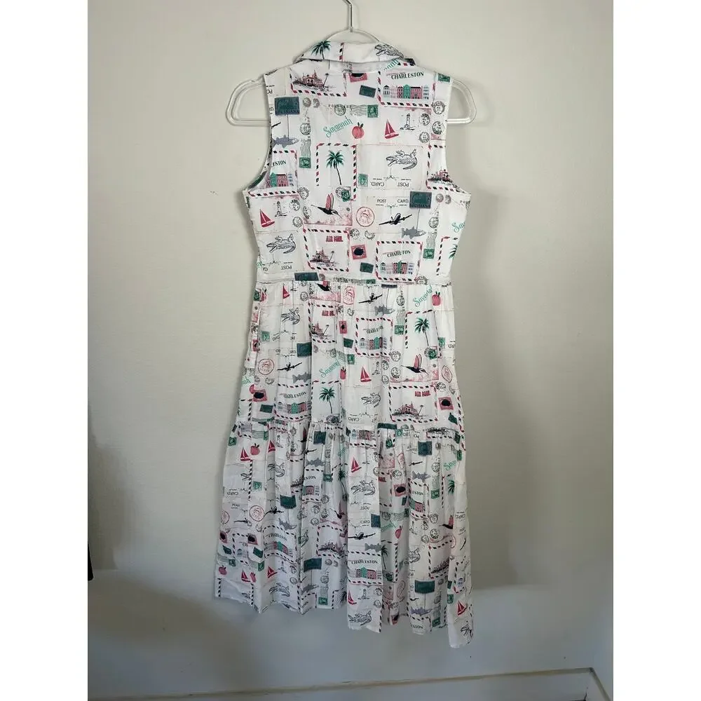 J.Crew Postcard Print Sleeveless Midi Dress 2P NWT Cottage Core Missing Belt - Picture 6 of 6
